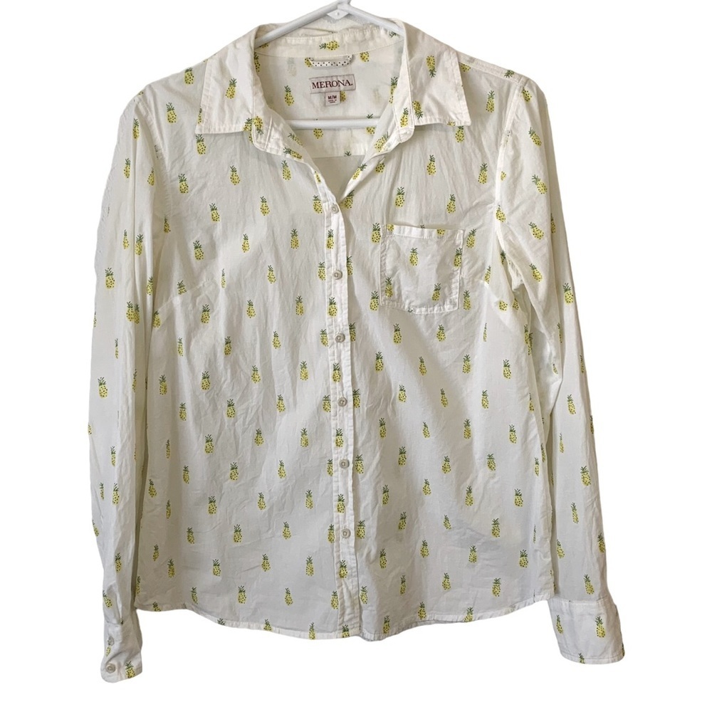 Merona | Medium | Women's White Button-Down Long Sleeve Pineapple Print Top